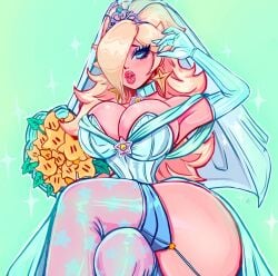 big_breasts bimbo blonde_hair bridal_gown bridal_veil huge_breasts looking_at_viewer mario_(series) nintendo princess_rosalina solo super_mario_galaxy super_mario_odyssey theartofmathew thick_thighs wedding_dress wedding_peach_(super_mario_odyssey)_(cosplay)