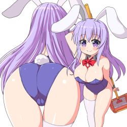 ass bow breasts bunny_ears bunny_girl bunny_tail bunnysuit cameltoe cleavage erina_(rabi-ribi) female hammer large_ass large_breasts naitou_kouse purple_eyes purple_hair rabi-ribi skin_tight skinsuit solo tagme white_background