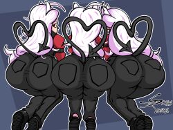 3girls alternate_version_available ass ass_focus bent_over big_ass black_pants bottomwear cerberus_(helltaker) dat_ass demon demon_girl demon_horns demon_tail female female_only footwear hair heart_tail helltaker horns huge_ass long_hair looking_back pants red_eyes sansface tail white_hair