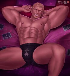 bara blonde_hair bulge cards cresxart facial_hair hands_behind_head kingdom_hearts luxord lying_on_back male male_only muscles muscular nobody_(kingdom_hearts) organization_xiii playing_card solo solo_male spread_legs underwear underwear_only