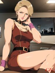 1girls ai_generated blonde_hair bob_cut boots breasts c_jin c_jin_(artist) covered_breasts earth_federation female female_only gundam hand_behind_head jin_(artist) legs lila_milla_rira lipstick looking_at_viewer military_uniform nai_diffusion older_female pink_lipstick reclining red_jin short_hair small_breasts sole_female stable_diffusion suggestive suggestive_look thighs wrist_band zeta_gundam