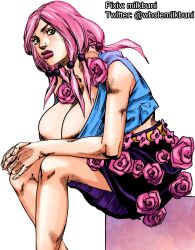 1girls big_breasts blue_shirt breasts clothed edit edited green_eyes hirohiko_araki huge_breasts jojo's_bizarre_adventure jojolion milkbuni pink_hair pink_lipstick sitting skirt yasuho_hirose