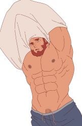 balls bara beard bulge facial_hair fate_(series) flaccid iguana_dlrndksk iskandar_(fate) male male_only muscles muscular penis red_hair removing_clothing removing_shirt shirt shorts solo solo_male undressing