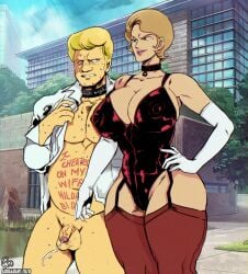 1boy 1girls 2020 2020s adoggoart areolae artist_name artist_signaute blonde_hair body_writing breasts cheating collar collared cumshot dated embarrassed_nude_male female femdom franklin_bidan gloves gundam large_balls large_breasts laughing leaking_cum lila_milla_rira lingerie male nipples ntr older_female older_male outdoors pointing_at_penis public_humiliation public_nudity small_penis small_penis_humiliation smirking stockings sweating thighhighs thighs white_gloves zeta_gundam