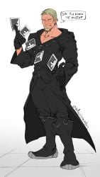 bara blonde_hair bulge card cloak facial_hair fully_clothed gloves kingdom_hearts luxord male male_only muscles muscular nobody_(kingdom_hearts) organization_xiii playing_card radicallymaxton solo solo_male speech_bubble text