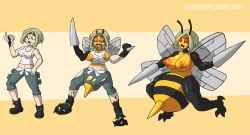 anthro arthropod_abdomen beedrill big_breasts breasts clothing female generation_1_pokemon gym_leader human human_to_anthro mammal nintendo nipples non-mammal_breasts open_mouth pokemon pokemon_(species) pokemon_xy sandyscrapwitchv2 solo species_transformation stinger torn_clothing transformation viola_(pokemon)