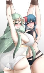 2023 2girls absurdres after_kiss alternate_costume armpits arms_up artist_name ass asymmetrical_docking bare_thighs bikini black_bikini black_swimsuit blue_eyes bondage breast_press byleth_(female)_(summer)_(fire_emblem) byleth_(fire_emblem) byleth_(fire_emblem)_(female) cleavage female female_only femsub fire_emblem fire_emblem:_three_houses fire_emblem_heroes flower green_eyes green_hair hair_flower hair_ornament heart heart-shaped_pupils highres horny huge_breasts kissing large_ass long_hair looking_at_viewer megurion multiple_girls multiple_subs navel nintendo official_alternate_costume open_mouth plain_background purple_eyes rhea_(fire_emblem) rhea_(summer)_(fire_emblem) rope rope_bondage saliva saliva_string swimsuit teal_hair thick_thighs thighs tongue tongue_out watermark white_background white_bikini white_swimsuit wide_hips