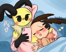 annabee_(woebeeme) anthro arthropod bed bee blushing closed_eyes cute head_on_breasts huge_breasts in_bed insect_girl insects looking_at_phone moth motthew_(woebeeme) pink_bow snuggle snuggling too_wholesome wholesome woebeeme