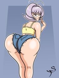 1other alternate_version_available ambiguous_gender androgynous ass ass_focus big_ass blue_shorts bottomwear brown_eyes bubble_ass bubble_butt crop_top dat_ass hair huge_ass komi-san_wa_komyushou_desu light-skinned_female light_skin looking_back osana_najimi pale-skinned_female pale_skin pink_hair sansface short_shorts shorts solo thighs topwear