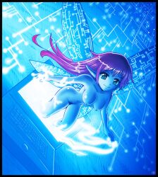 ass blue_skin breasts computer fairy karbo long_hair nipples nude pointy_ears pubic_hair purple_hair smile wings