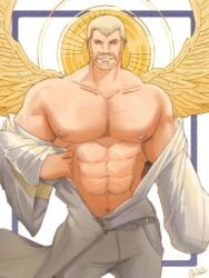 bara blonde_hair card facial_hair kingdom_hearts luxord male male_only muscles muscular nipple_piercing nobody_(kingdom_hearts) organization_xiii playing_card quietscrappy solo solo_male undressing wings