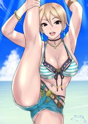 beach bikini_under_shorts blonde_hair cheerleading_pose choker crotch_focus cutoffs dark_eyes denim_shorts double_bikini idolmaster idolmaster_cinderella_girls large_breasts leg_up light-skinned_female light_skin looking_at_viewer navel_piercing open_mouth pale-skinned_female pale_skin pierced_navel shiomi_syuko short_hair short_shorts shorts suna