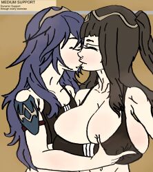 2girls black_hair blue_hair breast_grab brown_background cleavage closed_eyes cosmicdairy covered_nipples deep_skin female female_only fire_emblem fire_emblem_awakening groping huge_breasts kissing long_hair lucina_(fire_emblem) medium_support_(meme) meme_attire multiple_girls nintendo small_breasts sports_bra sportswear tank_top tharja_(fire_emblem) tiara very_long_hair yuri