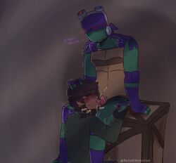 blowjob blowjob_only closed_eyes consensual dark-skinned_male donatello donatello_(tmnt) gay grabbing_hair green_skin human male male_focus male_only oc original_character rise_of_the_teenage_mutant_ninja_turtles saliva self_insert spanish tears teenage_mutant_ninja_turtles teenager this_is_just_so_i_can_block_this turtle yaoi