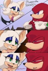 1boy 1girls anthro begging chiropteran english_dialogue english_text female knuckles_the_echidna male male_anthro mobian_(species) neo_hajime rouge_the_bat smile sonic_(series) sonic_the_hedgehog_(series) tagme