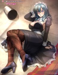 1girls :o absurdres alternate_costume angry arm_support armpits artist_name ass ass_in_dress bare_thighs big_ass blue_eyes breasts bridal_gauntlets brown_legwear bucket byleth_(female)_(fire_emblem) byleth_(fire_emblem) byleth_(fire_emblem)_(female) carpet cleavage clumsy detached_sleeves fallen_down female female_only fire_emblem fire_emblem:_three_houses floral_print frown hair_between_eyes high_heels highres hocen indoors lace-trimmed_legwear lace_trim large_breasts leggings light long_sleeves looking_at_viewer maid maid_headdress maid_uniform medium_hair nintendo on_ground open_mouth patreon_username patterned_legwear print_thighhighs solo teal_hair thighhighs thighs tripping watermark web_address