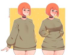 2d :o absurdres arms_behind_back background baggy_clothes bangs big_breasts blush bob_cut bottomless bottomless_female breasts choker curvy embarrassed female fingernails flustered fraankyy hair hi_res hourglass_figure light-skinned_female light_skin long_fingernails long_sleeves looking_at_viewer looking_away mcdonald's meme milf mole mole_on_leg mole_on_thigh mom_(japanese_mcdonald's_commercial) mother nail nail_polish neckwear open_mouth oversized_clothes pajamas_challenge_(meme) pale-skinned_female pale_skin partially_clothed patreon patreon_username pose red_hair shirt short_hair short_hair_female shy simple_background sleeves solo sweat thick_thighs thighs watermark wide_hips yellow_background yoru_mac