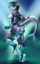 2023 abs absurd_res anthro ass biped black_hair black_markings blue_hair blue_markings bottomwear butt_focus claws clothed clothing digital_drawing_(artwork) digital_media_(artwork) ear_piercing english_text feet fin fish grey_body hair hi_res humanoid_feet jockstrap kazu_(thatgaysushi) khayen male marine markings muscular_thighs nipples pecs piercing pink_nipples plantigrade shark shark_tail signature simple_background solo standing text topless underwear underwear_only