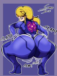 1girls ass ass_focus back back_view backboob big_ass blonde_hair blue_bodysuit blue_eyes bodysuit bouncing_ass bubble_ass bubble_butt dat_ass english english_text female female_only hair huge_ass metroid motion_lines nintendo onomatopoeia ponytail samus_aran sansface solo solo_female squatting text tight_clothing tight_fit twerking zero_suit_samus