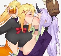 2girls alcohol allen_skies allen_skies02 artist_name blonde_hair blush breast_press breasts choker closed_eyes crossover darkness_(konosuba) drunk duplicate formal grabbing grabbing_another's_breast grey_background hair_ornament highres horn huge_breasts kissing kono_subarashii_sekai_ni_shukufuku_wo! long_hair low_res lowres multiple_girls nipples no_bra ponytail purple_hair shion_(tensei_shitara_slime_datta_ken) suit tensei_shitara_slime_datta_ken twitter_logo x_hair_ornament yuri