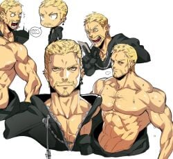 bara blonde_hair card cloak facial_hair gloves kingdom_hearts luxord male male_only muscles muscular na_insoo nobody_(kingdom_hearts) organization_xiii playing_card rennik shirtless solo solo_male sweat sweating