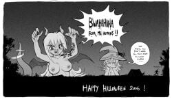 2girls anna_(karbo) crisis_(karbo) felarya giantess halloween_costume horns karbo lamia nipples nude witch_hat