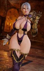 1girls 3d armor big_breasts female female_focus female_only isabella_valentine light-skinned_female lingerie pale-skinned_female pale_skin snoopz solo soul_calibur white_hair wide_hips