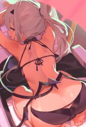 ass back bare_shoulders bikini black_bikini breasts dragon_wings fate/grand_order fate_(series) female high_ponytail highres long_hair looking_at_viewer looking_back melusine_(fate) melusine_(swimsuit_ruler)_(fate) open_mouth sidelocks small_breasts smile solo swimsuit tail thighs villainchin white_hair wings yellow_eyes