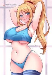 arms_behind_head artist_name ass beauty_mark blonde_hair blue_eyes blush enly_art large_breasts looking_at_viewer metroid mole ponytail samus_aran skindentation smile socks sugarbell thigh_high_socks thighhighs thighs underboob