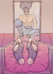 barefoot big_feet feet foot_fetish foot_focus league_of_legends long_hair long_toes male_feet male_focus male_only mirror scar shirtless soles toes yasuo