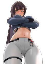 1girls belly_button blush breasts brown_hair embarrassed female goddess_of_victory:_nikke hips large_breasts light-skinned_female light_skin long_hair low-angle_view marciana_(nikke) navel redi_(rasec_asdjh) slim_waist thick_thighs thighs white_background wide_hips