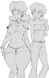 2girls female female_only immisterplow mario_(series) mrplow34 navel nintendo princess_daisy princess_peach standing tagme thick_thighs wide_hips