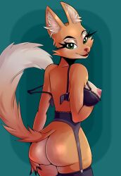 anthro ass bra breasts canid canine cheek_tuft clothing diane_foxington dreamworks eyebrow_piercing eyelashes facial_piercing facial_tuft female fox fur green_eyes inner_ear_fluff malkytea mammal orange_body orange_fur piercing pink_nose sideboob solo tail the_bad_guys tuft underwear