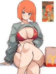 1girls bikini breasts crossed_legs female female_only hi_res hips huge_breasts large_breasts light-skinned_female light_skin mature_female mcdonald's milf mom_(japanese_mcdonald's_commercial) mother orange_hair pose rakeemspoon reference_image short_hair sitting thighs top_lift yoru_mac