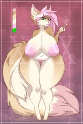 <3_eyes abstract_background anthro areola ass belly big_areola big_breasts big_butt big_ears big_tail bimbo_lip bimbofication breasts canid canine chatski cigarette curvy_figure female fennec fluffy fox full-length_portrait genitals green_eyes hair heart hi_res mammal navel nipples overweight pink_hair portrait pussy solo tail wide_hips