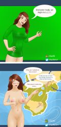 accidental_exposure blush breasts brown_eyes brown_hair brunette_hair comic embarrassed embarrassed_nude_female gladi6 green_dress green_screen naked naked_female nipples nude nude_female public_exposure public_humiliation wardrobe_malfunction weather_girl