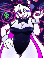 ahoge big_breasts blep breasts bunny_ears bunnysuit dark_background dollar_sign fnf_entity friday_night_funkin friday_night_funkin_mod mommy nikusa_(sugarratio) ok_hand_sign pink_hair senjounogomii thick_thighs thighs tongue_out white_body white_hair wink