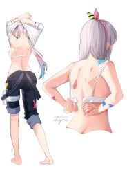 1girls 2d airani_iofifteen ass back_view bare_shoulders barefoot clothed clothing digital_drawing_(artwork) feet female female_focus female_only hair hairband hololive hololive_indonesia hololive_indonesia_area_15 image legs legs_apart light_skin paint pants partially_clothed shirt_lift shirt_up shoulders sole_female standing taking_clothes_off taking_off_bra undone_bra virtual_youtuber vyhrie white_hair