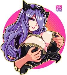 1girls 2023 alternate_breast_size armor artist_name big_breasts breast_grab breasts camilla_(fire_emblem) cleavage covered_nipples double_breast_grab female female_focus fire_emblem fire_emblem_fates groping hair_over_one_eye highres huge_breasts large_breasts light-skinned_female light_skin lipstick nintendo nipples nipples_visible_through_clothing peterete purple_eyes purple_hair solo_focus watermark