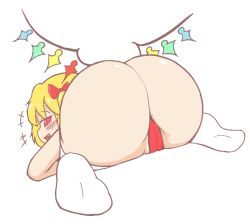 1girls anonymous_(japanese) arms ass ass_focus bending_over big_ass blonde_hair blush bow bowtie clothing erotic_chibi feet female flandre_scarlet gyate_gyate huge_ass oerba_yun_fang open_mouth panties pussy red_eyes socks touhou transparent_background