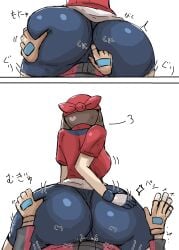 ass big_ass blush breasts brendan_(pokemon) brendan_(pokemon_rs) buttjob chubby clothed_sex covered_buttjob dry_humping female female_focus hot_dogging huge_ass kazushige looking_at_viewer looking_back looking_back_at_viewer may_(pokemon) may_(pokemon_rs) pokemon pokemon_rse tagme