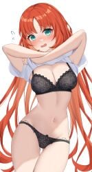 black_bra black_panties changing_clothes cleft_of_venus cowboy_shot embarrassed genshin_impact lace_trim looking_at_viewer medium_breasts nilou_(genshin_impact) niuerworks nose_blush sweatdrop taking_clothes_off wavy_mouth white_shirt