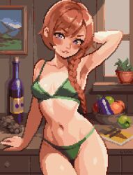 1girls armpits bangs belly_button biting_own_lip blue_eyes blush bra braid braided_hair braided_ponytail cabin clothing female female_only fuck_me_eyes green_bra green_panties indoors leah_(stardew_valley) legs_together light-skinned_female light_skin long_hair lux_(thisislux) matching_underwear panties pixel_art pixelated red_hair side_ponytail smile solo stardew_valley succulent twitter wide_hips wine wine_bottle