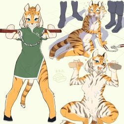 1girls 2boys blue_eyes censored chinese_clothes cum cum_on_chest featureless_breasts furry handjob instant_loss_2koma kame_3 nunchaku public public_sex surprised tiger