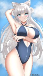 1girls animal_ears belfedium big_breasts blue_eyes cleavage clouds day long_hair looking_at_viewer natsuri_nekoto one-piece_swimsuit smiling_at_viewer swimsuit virtual_youtuber white_hair