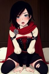 ai_generated aicon aroused bed belt black_hair blush cape cleavage corset dress gradient_hair open_mouth ruby_rose rwby self_upload silver_eyes thighhighs