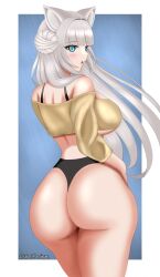 1girls animal_ears ass back_view belfedium big_ass big_breasts blue_eyes female female_only light-skinned_female long_hair looking_back natsuri_nekoto pale-skinned_female pale_skin simple_background thong virtual_youtuber white_hair