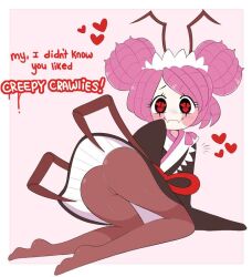 1girls arthropod ass big_ass big_butt bug bug_girl clothing cute dialogue english_text entoma_vasilissa_zeta female female_only fully_clothed heart heart-shaped_pupils insect_girl insects lifted_dress looking_at_viewer looking_back looking_back_at_viewer maid maid_uniform monster_girl overlord_(maruyama) pantyhose presenting_ass sataenart solo solo_female solo_focus tagme talking_to_viewer text