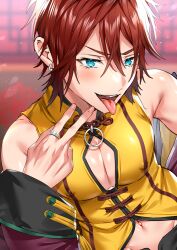 1boy belly belly_button chinese_clothes cleavage cleavage_cutout ensemble_stars! male_only nipple_bulge nipples_visible_through_clothing pecs red_hair rinne_amagi tongue tongue_out v_sign