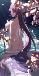 1girls absurdres ass breasts cherry_blossoms clothes_removed genshin_impact hair_ornament highres japanese_clothes kimono long_hair looking_back medium_breasts mole mole_under_eye nude partially_submerged purple_eyes purple_hair purple_kimono raiden_shogun sazanami_(re_n_rentaro) sazanami_(re_n_rentaro) solo tomoe_(symbol) tree very_long_hair